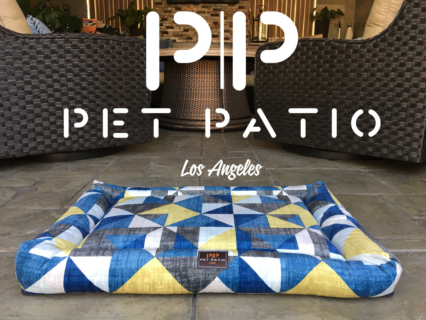 Blue triangle orthopedic dog bed with Pet Patio branding, made in USA