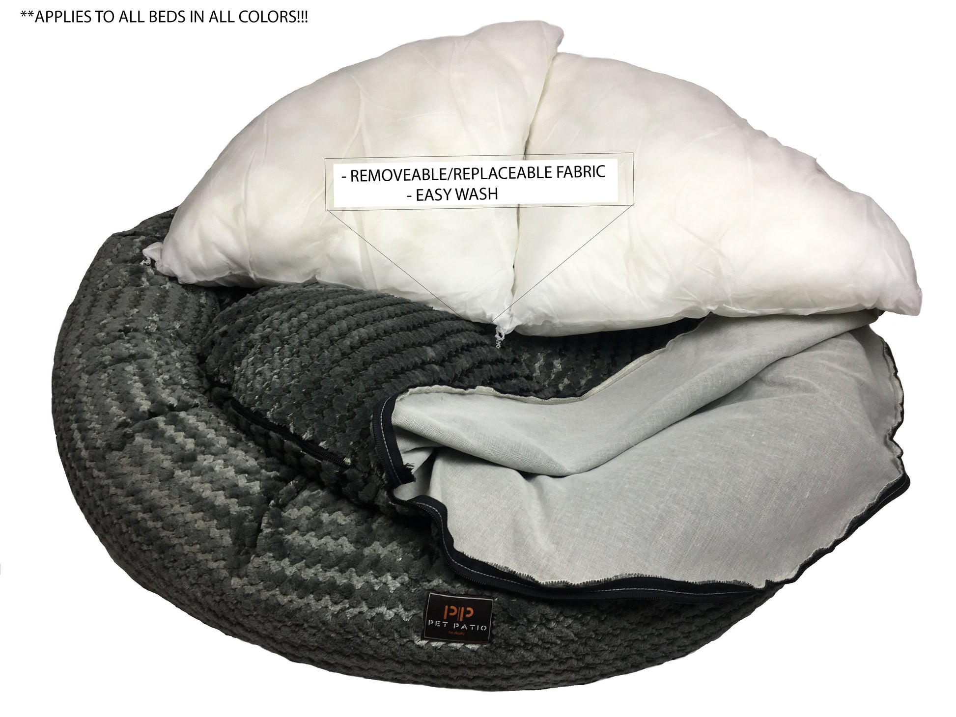 Gray weave round nest dog bed in lifestyle setting