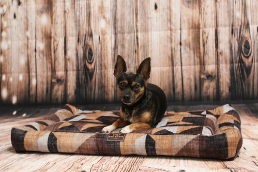 Brown triangle print orthopedic dog crate mat, handmade in Los Angeles