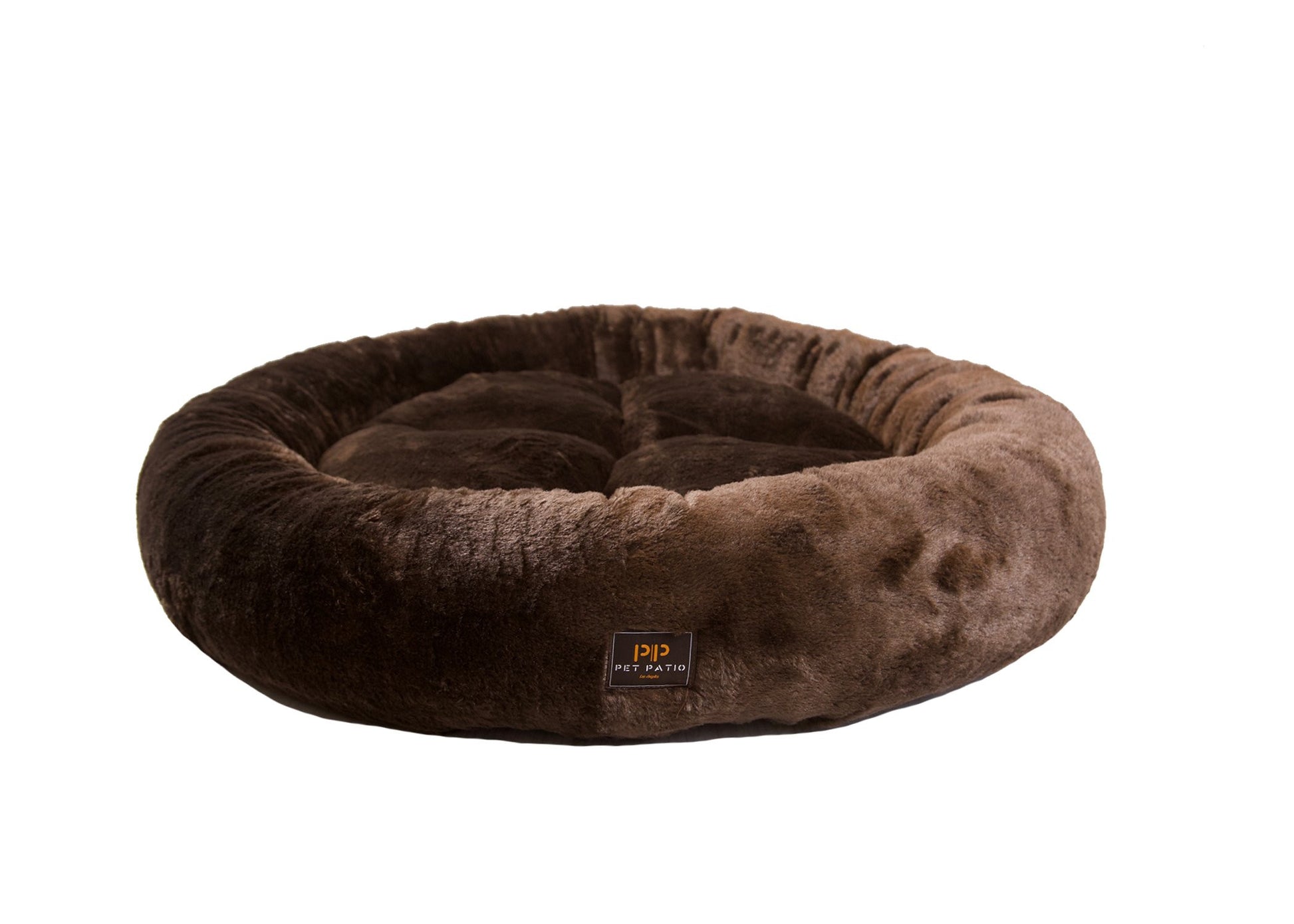 Brown round nest dog bed by Pet Patio, made in USA