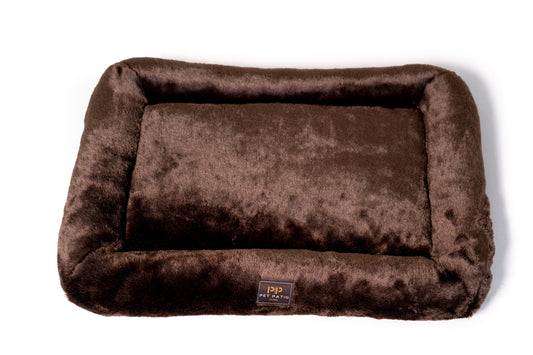 Earthy tone orthopedic dog crate mat in warm brown, handmade in Los Angeles